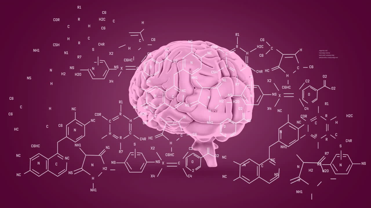 animación de procesamiento de datos y fórmula química sobre el cerebro