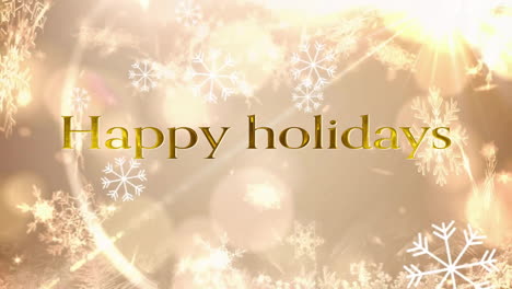 happy holidays text animation over snowflakes and festive lights background
