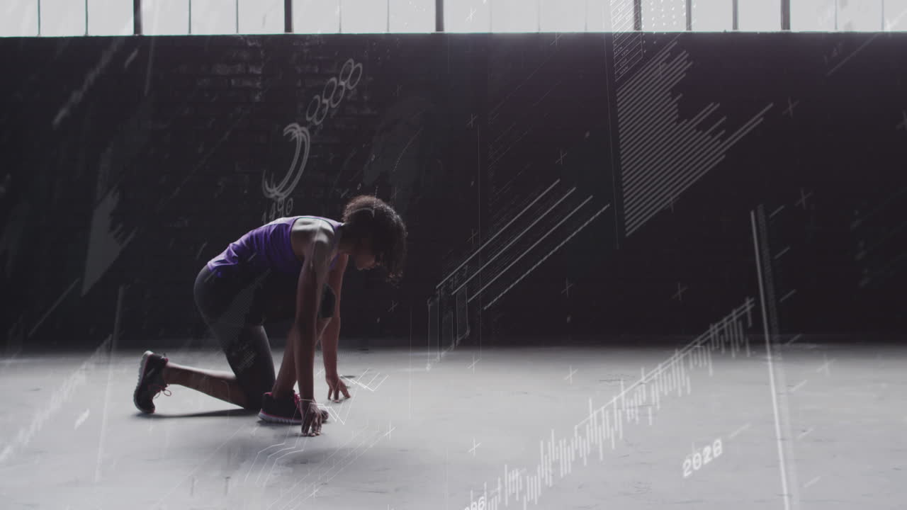 그래프의 애니메이션, 로딩 바와 원, 아프리카계 미국인 여성이 서서 시작 위치를 취합니다.