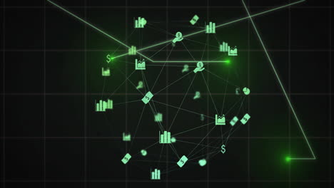 red de iconos financieros y animación de procesamiento de datos sobre un fondo de cuadrícula oscura