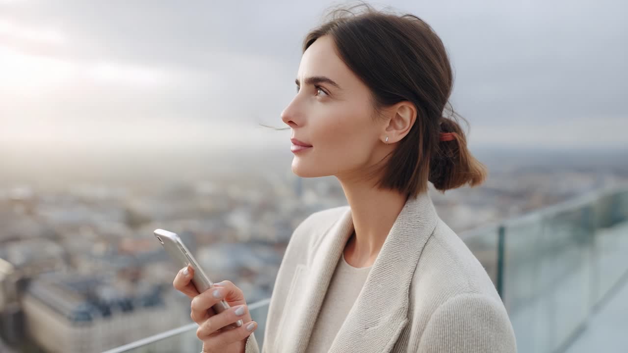 Una donna riflessiva guarda in lontananza mentre usa il suo smartphone su una terrazza panoramica con vista su un paesaggio urbano al crepuscolo