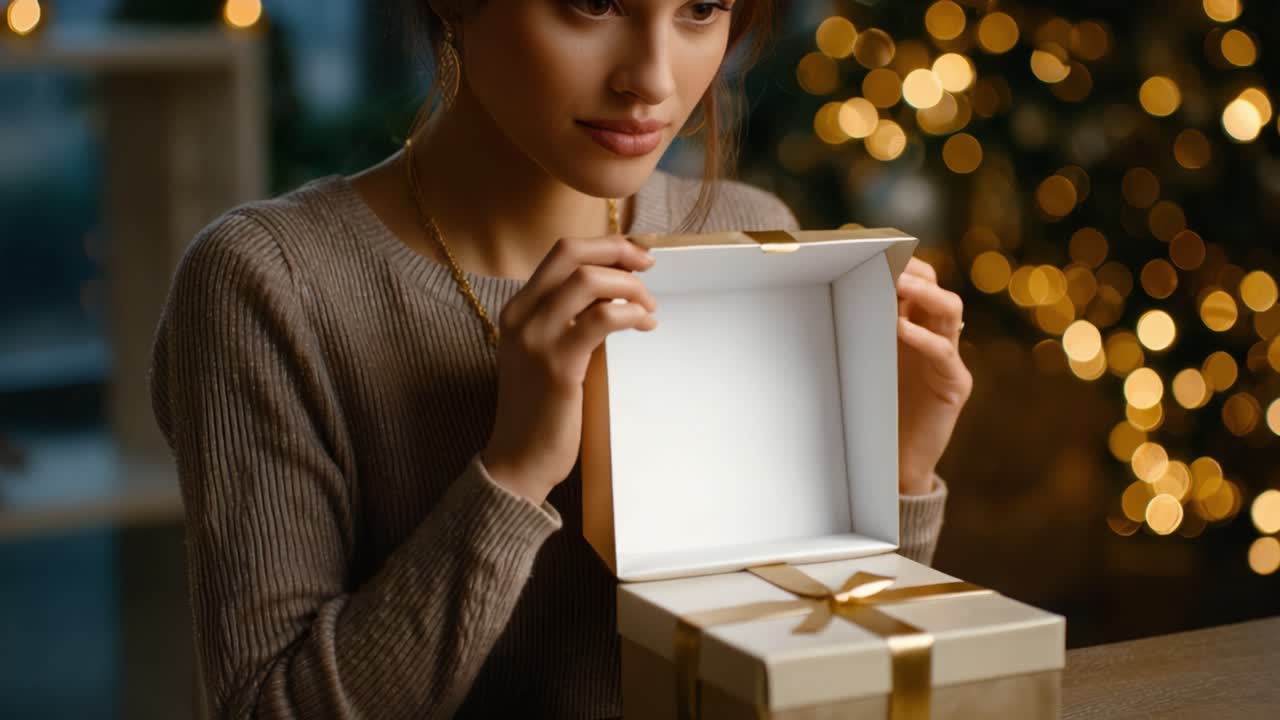 Una donna scarta un regalo splendidamente incartato con un nastro dorato, circondata da luci calde e festive, provando gioia e anticipazione durante un'occasione speciale.