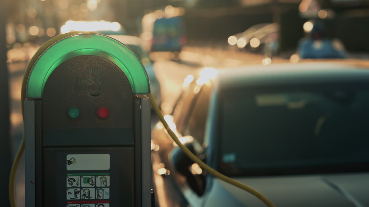 Close up of an electric vehicle charging station with green illuminated top, shot at sunset with cars and city traffic softly blurred in the background