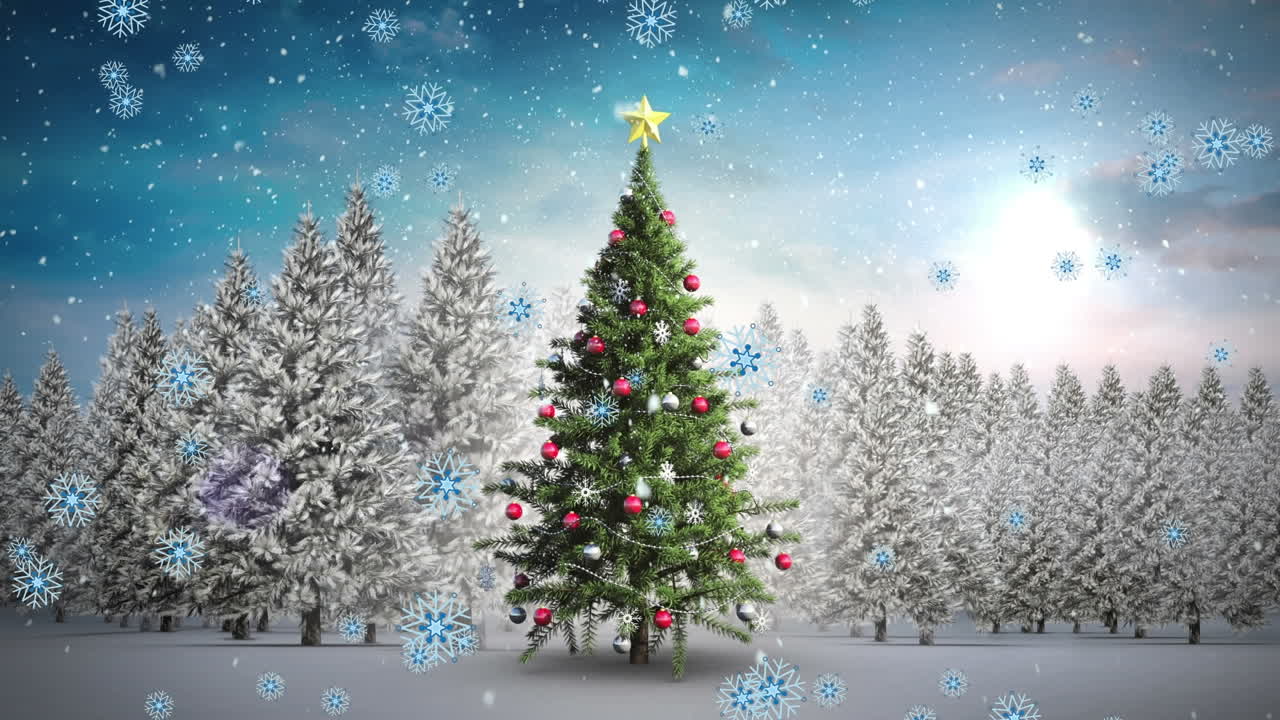 겨울 풍경 에서 크리스마스 나무 위 에 내리는 눈 의 애니메이션