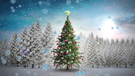 animation of snow falling over christmas tree in winter scenery