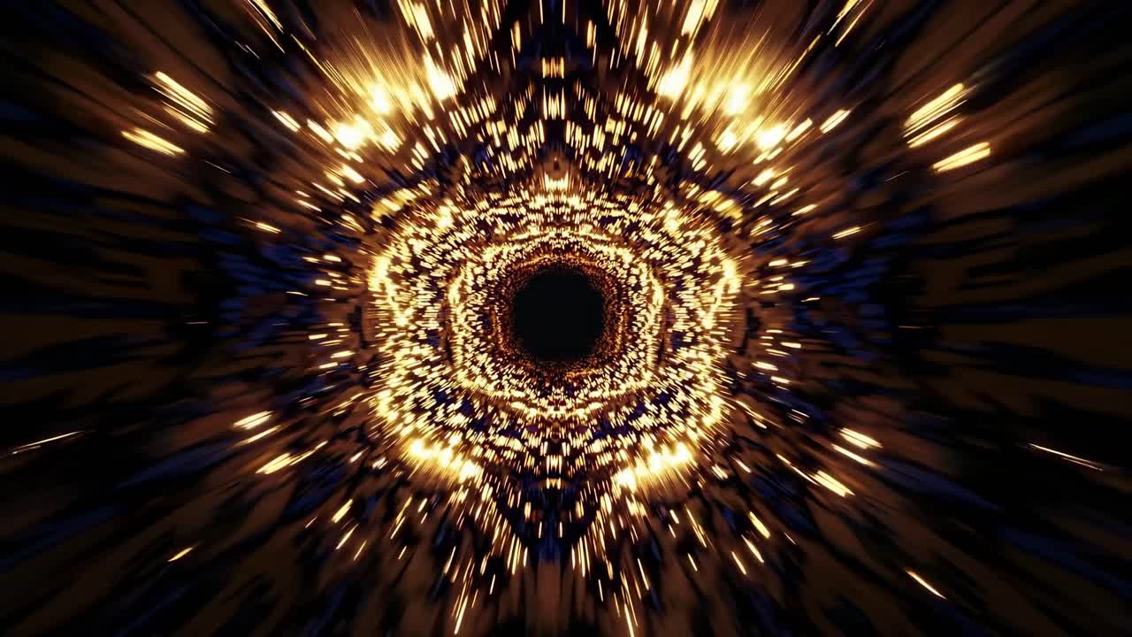 Dynamic video concept with a tunnel of light streaks, captured from a central perspective