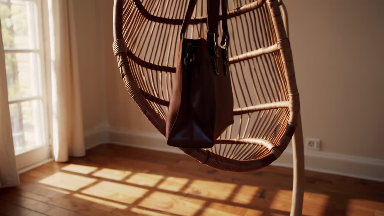 Brown Leather Tote Bag Hanging on a Wicker Chair in a Sunlit Room