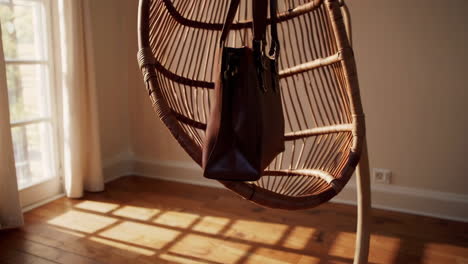 brown leather tote bag hanging on a wicker chair in a sunlit room