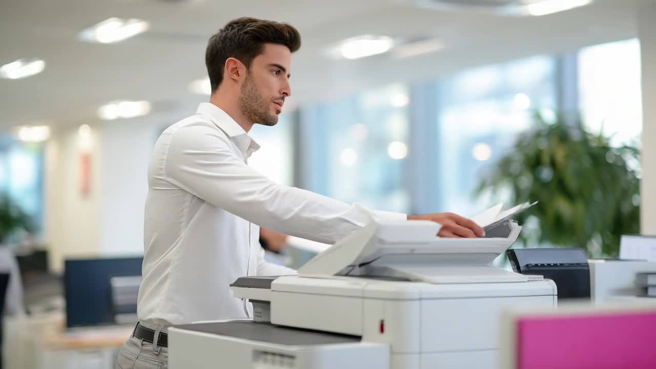 Man operating a multifunction printer in a bright office space