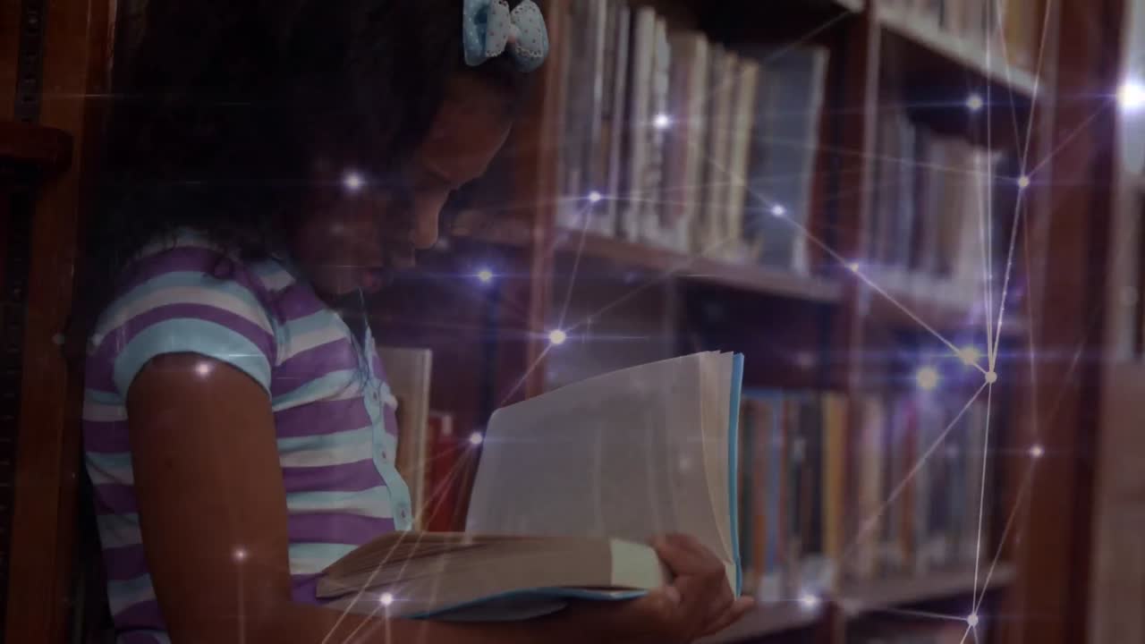Animation of network of connections over african american girl with book at school