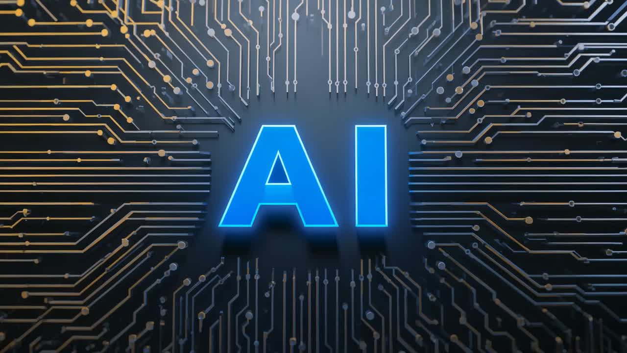 Appearing 3D AI letters pulsing circuit traces inward in dark circuit board, igniting golden glow