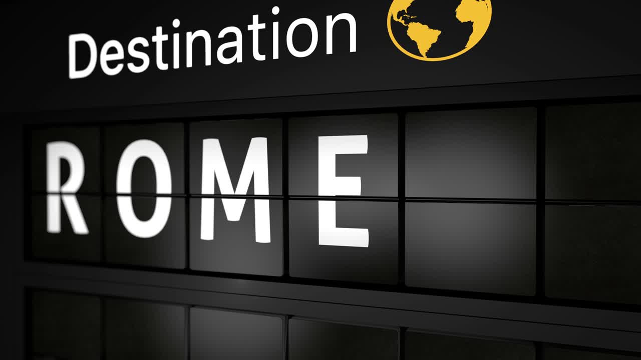 animación generada en 3d, tablero de visualización de información de vuelo analógico con la ciudad de llegada de roma