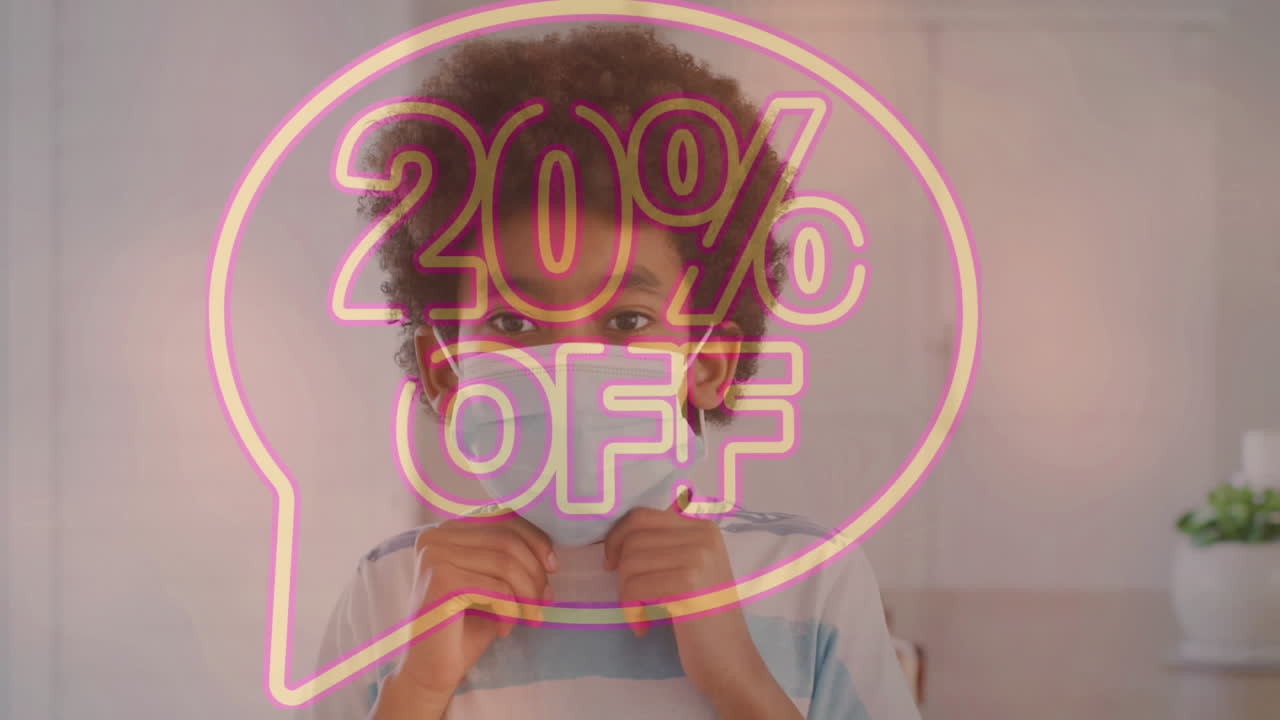 animación del texto de venta sobre la mujer con máscaras faciales