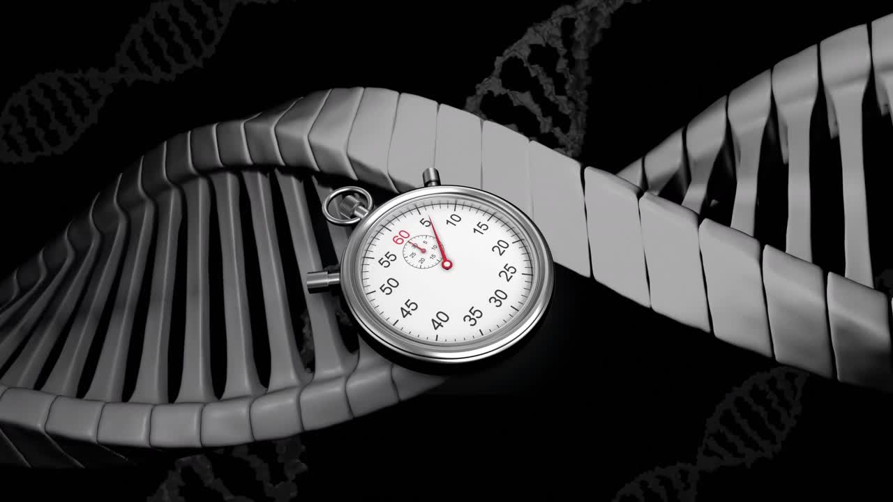 Animazione di un timer che si muove su filamenti di DNA su sfondo nero