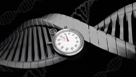 Animation-of-timer-moving-over-dna-strands-on-black-background