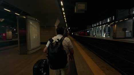 person with luggage walking on train platform