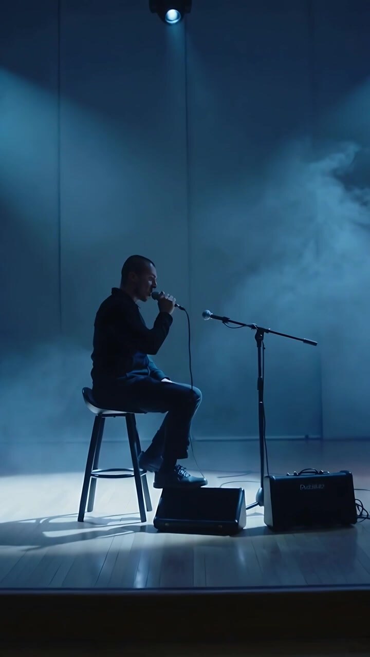 Video verticale: Uomo che canta reagisce a un segnale del riflettore, chinandosi verso il microfono sul palco con fumo scenico.