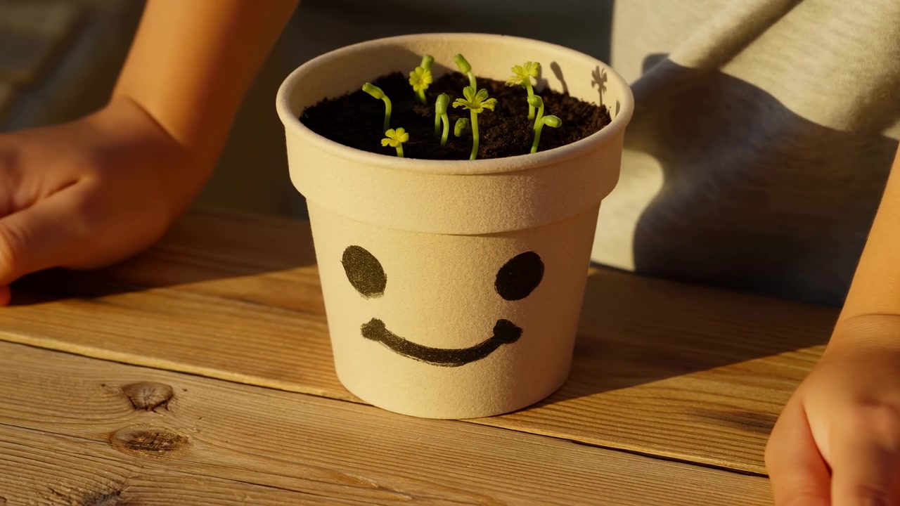 Several fresh sprouts rise from dark soil while small hands move slightly beside cheerful face-marked container, as warm directional sunlight casts soft shadows across rustic wooden boards.