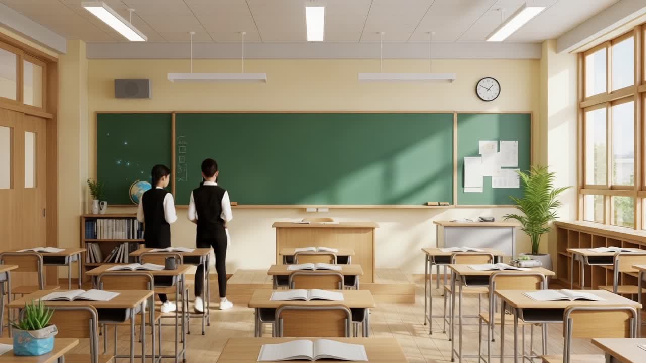 A Bright and Inviting Classroom Setting with Students Engaged in Learning, Featuring Desks Neatly Arranged and a Green Chalkboard Ready for Lessons
