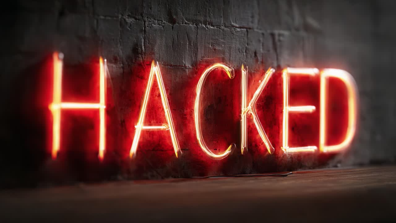 Belyst hacket skilt: Nærbillede af en klar neonskærm, der signalerer digital indtrængen og cybersikkerhedstemaer i et mørkt miljø