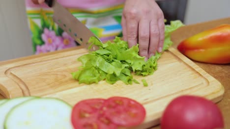 manos femeninas de la ama de casa con un cuchillo cortado lechuga fresca en una mesa de cocina de corte de tabla