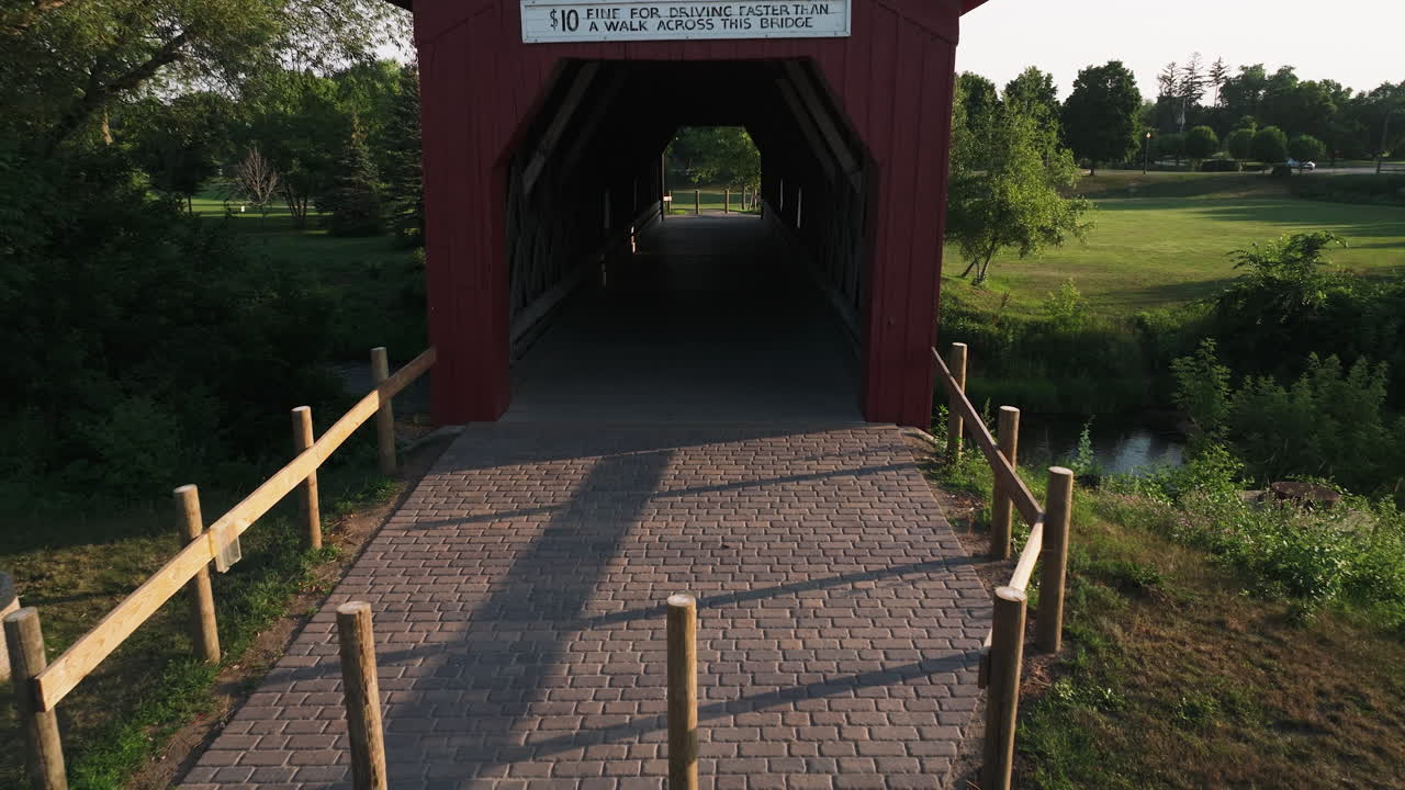 Wooden Covered Bridge With Brick Stone Pathway In Zumbrota, Goodhue County, Minnesota, United States