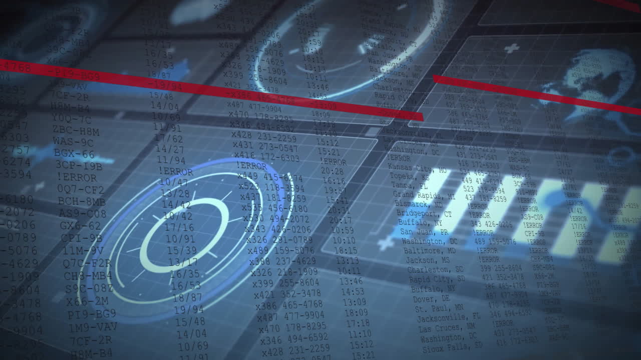 Animation of futuristic graphics overlay with digital interface processing data