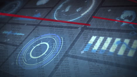 Animation of futuristic graphics overlay with digital interface processing data