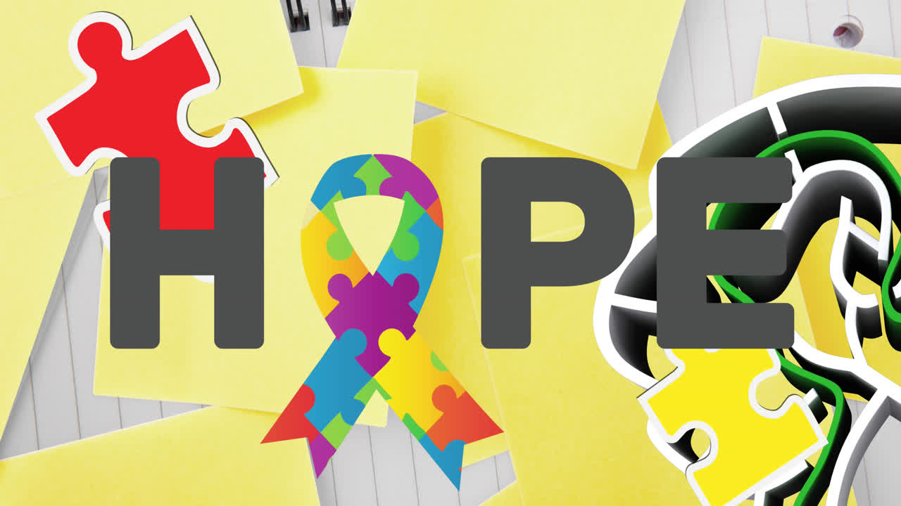 인간 뇌 위에 떨어지는 퍼즐의 애니메이션, 미로, 희망 텍스트 및 퍼즐로 형성 된 리본