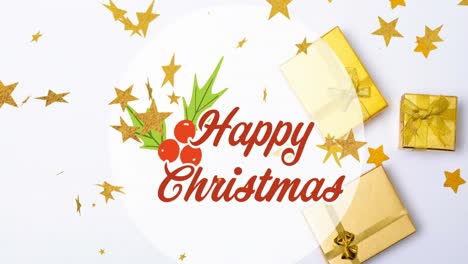 Animation-of-happy-christmas-text-over-stars-falling-and-presents