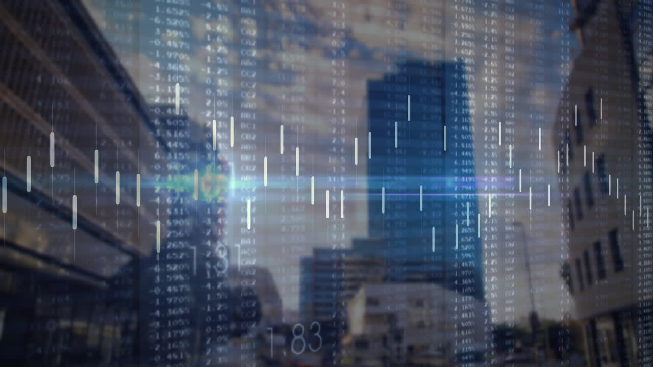 Animation of financial data processing over cityscape