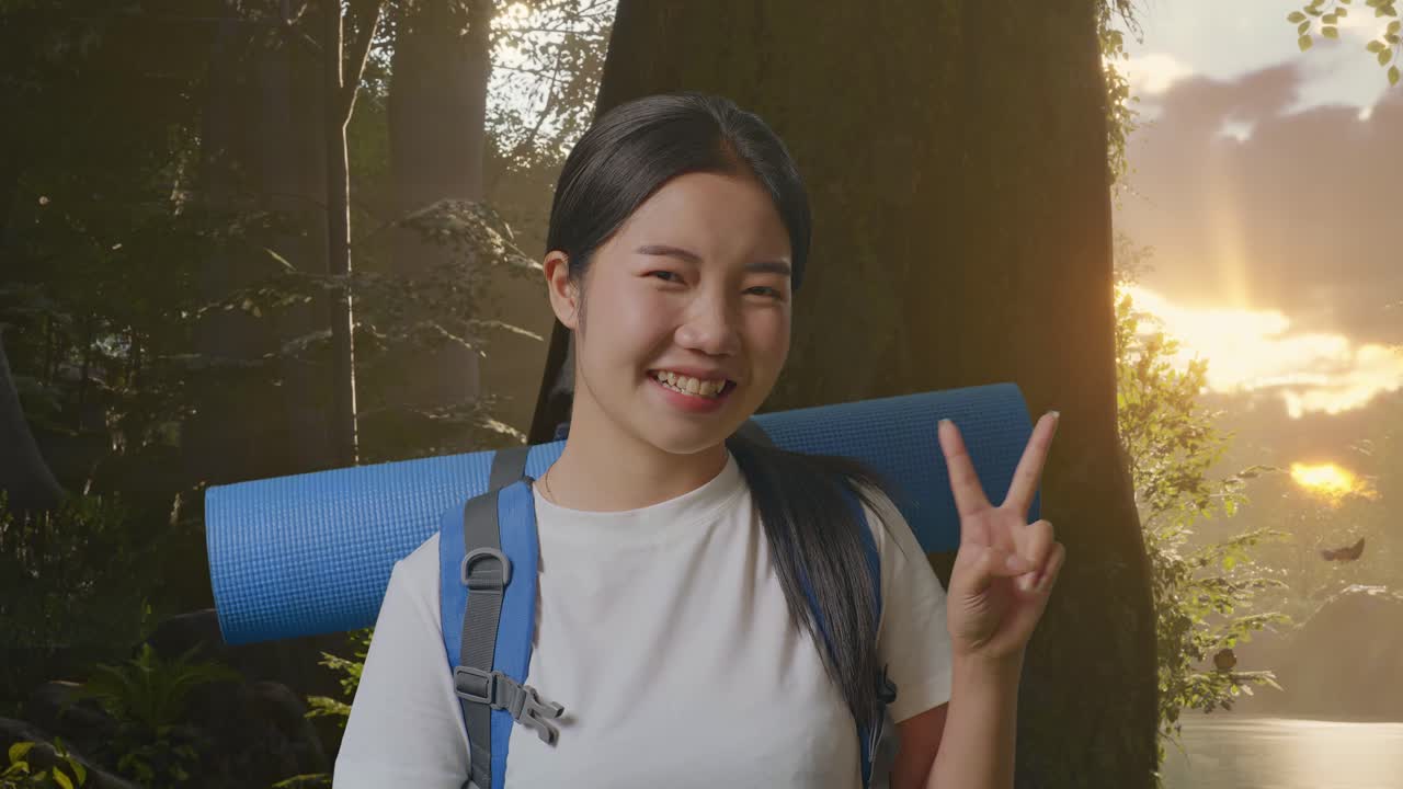 산악 배을 들고 있는 아시아 여성 하이커의 근접 사진. 숲의 자연을 탐험하는 동안 미소 짓고 평화의 몸짓을 보여준다.
