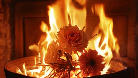 bouquet of orange and white flowers burns in a cozy fireplace, creating a warm and passionate atmosphere