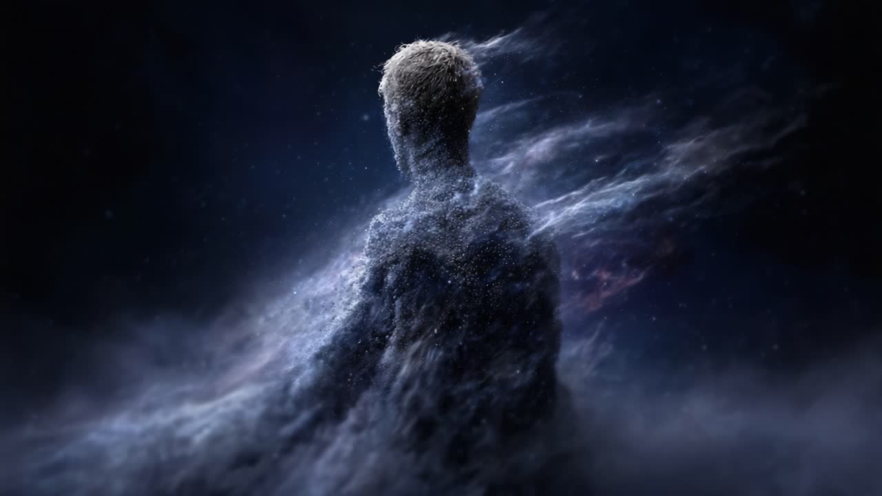 A mesmerizing transformation from form to ethereal essence, depicting the journey of a figure made of cosmic particles, blending with the universe in a stunning visual narrative