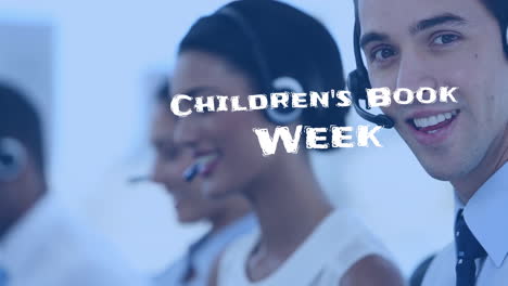animation of childrens book week text over diverse business people using phone headsets