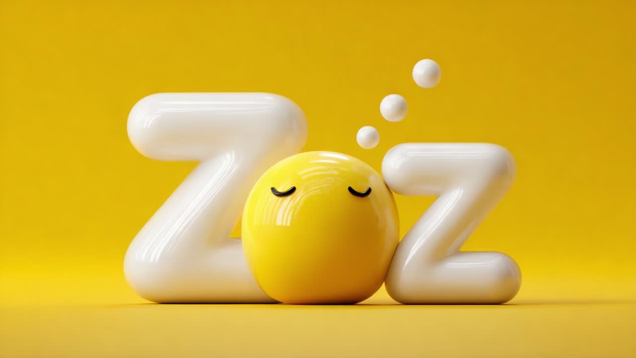 A playful depiction of relaxation featuring a cheerful yellow ball nestled between oversized white letters 'Z' and 'z', symbolizing sleep and tranquility against a bright yellow background