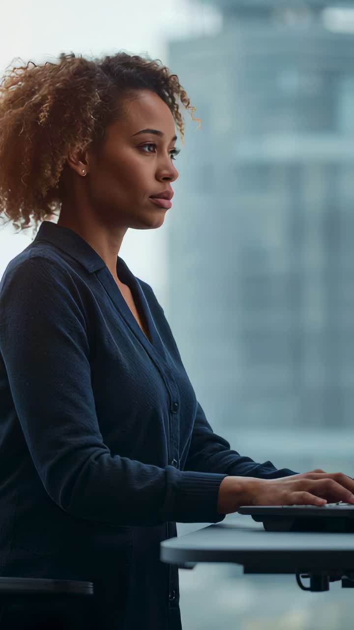 Vertical video: Placing hands on keys, woman navy blouse typing at stand desk by window, copy space