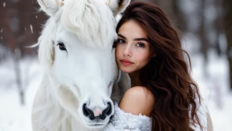 a woman in a white dress standing next to a white horse