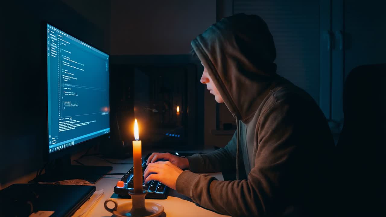 Typing coder in hoodie reacting to monitor drawing focus, code on screen at desk, candle glowing
