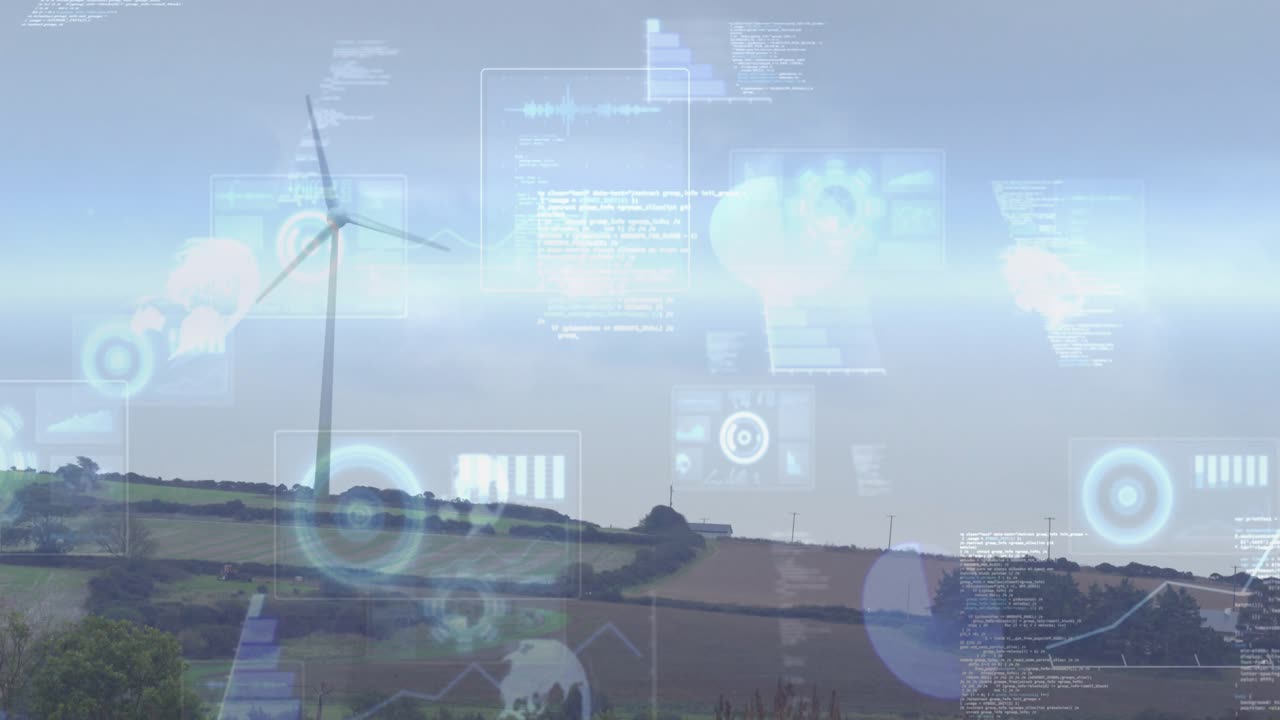 Stationary wind turbine starting floating charts then cascading icons visualizing live farm data
