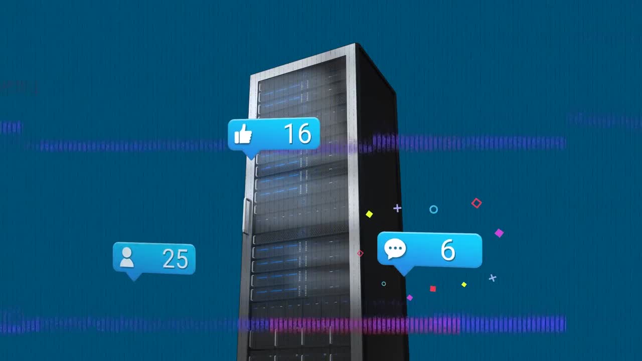 Animation of social media notifications and data processing over computer server