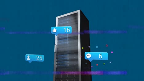 animación de notificaciones de las redes sociales y procesamiento de datos a través de un servidor informático