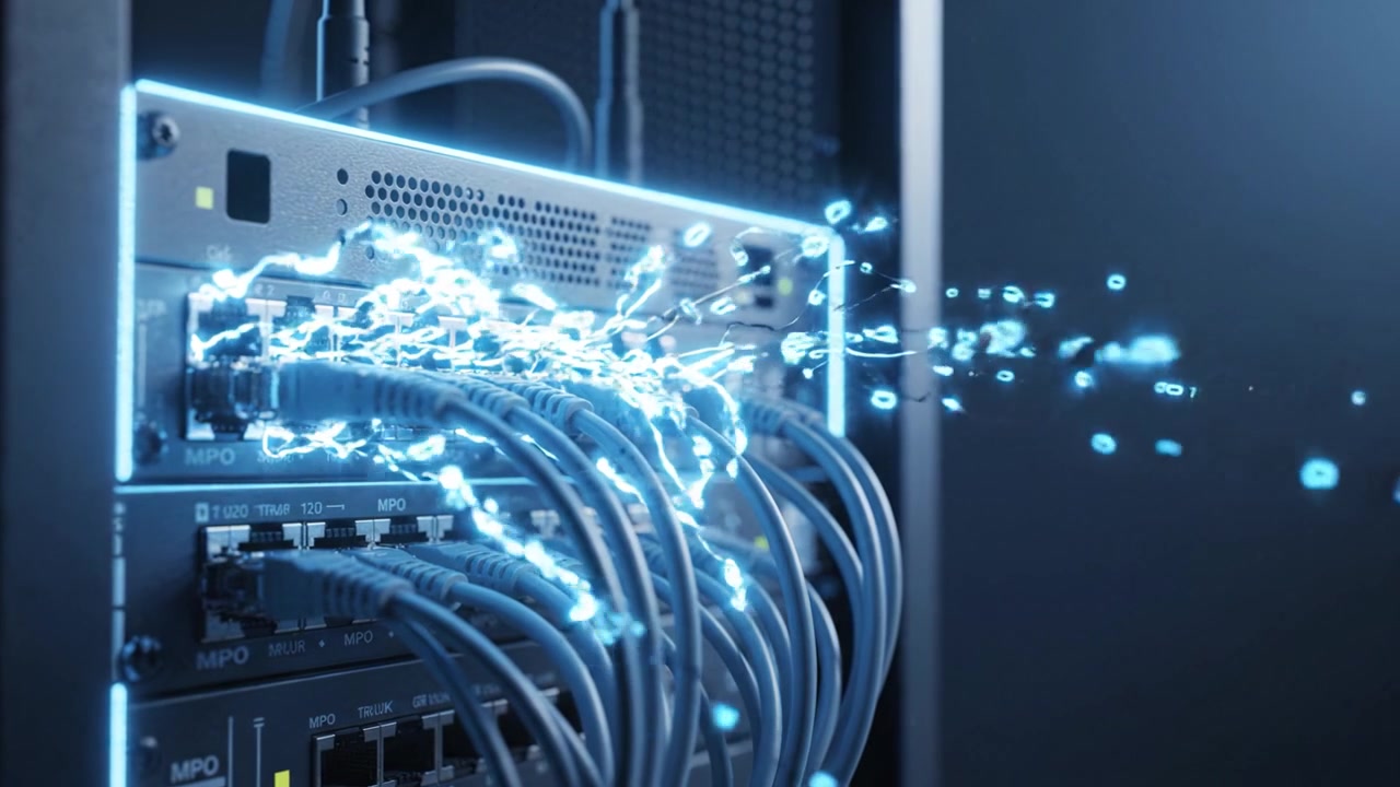 High-tech network server with glowing connections and cables, showcasing advanced technology in data management and efficient connectivity for modern digital infrastructures.