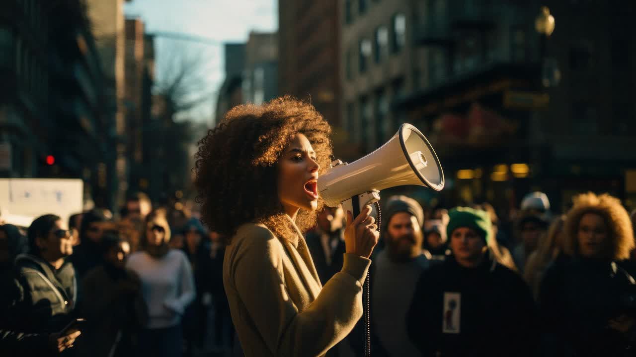 A woman with a megaphone leads a protest in a city street. Captured from a side angle, the video