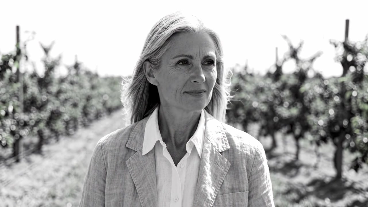 Una donna pensierosa in un vigneto: che riflette sull'abbondanza e la bellezza della natura, catturata in bianco e nero durante una giornata di sole tra i vitigni