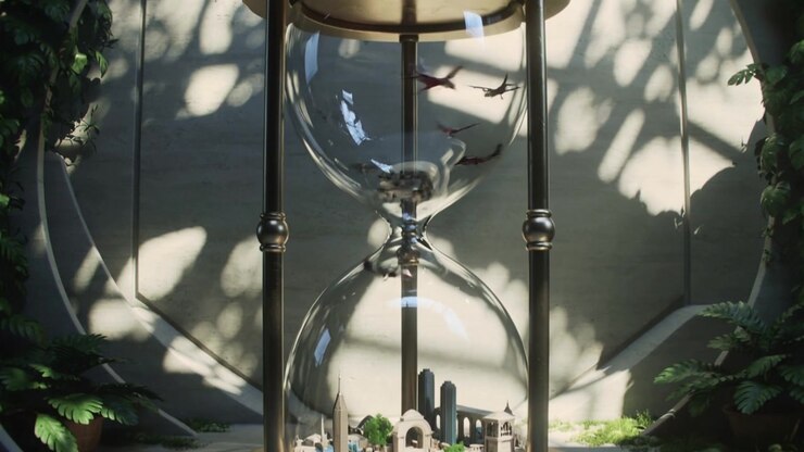 Releasing hourglass sending toy planes spinning, descending in sunlit niche, building city by ferns