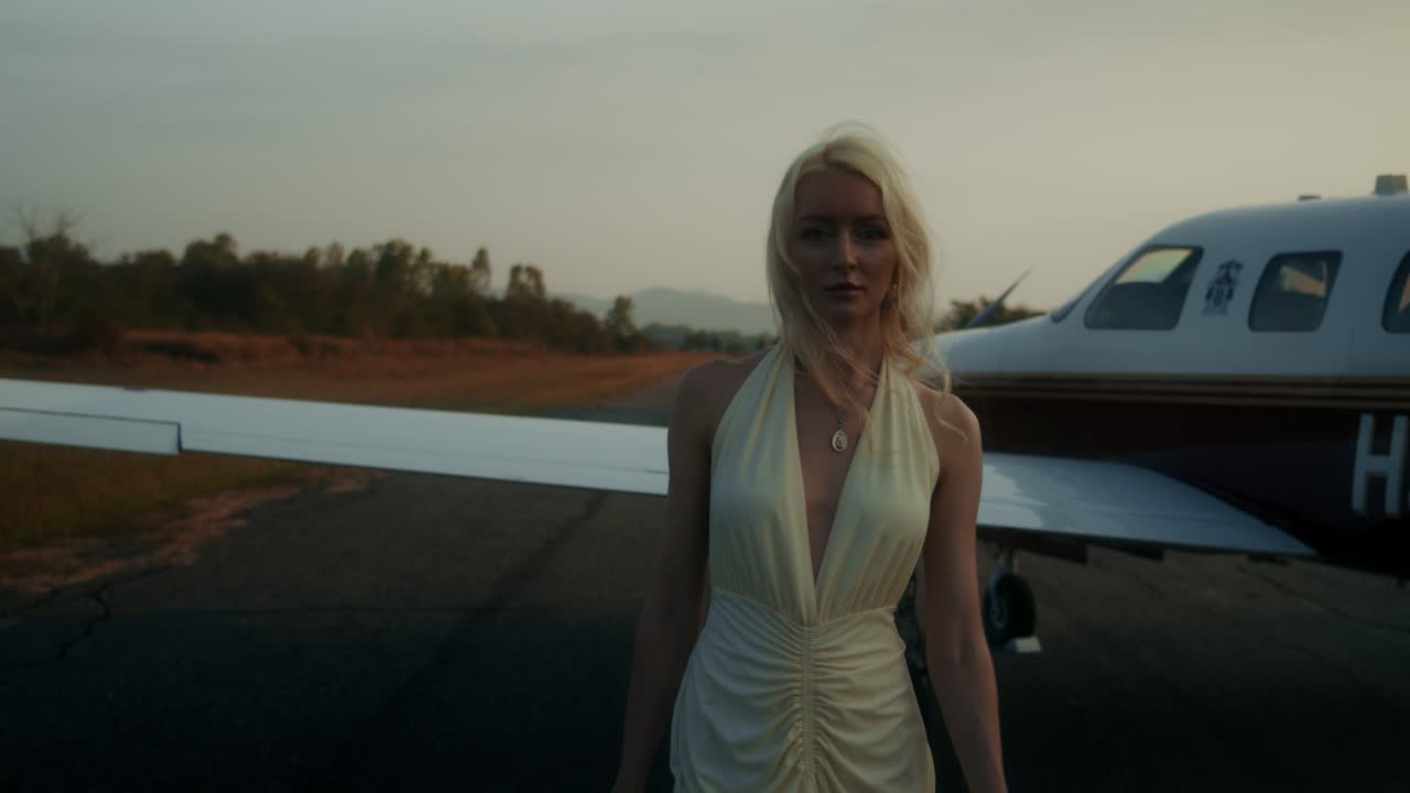 Woman in a yellow dress at an airport