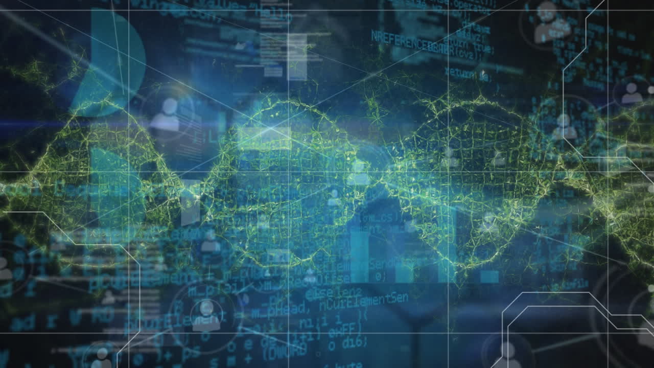 Animation of network of connections with icons and dna strand spinning on dark background