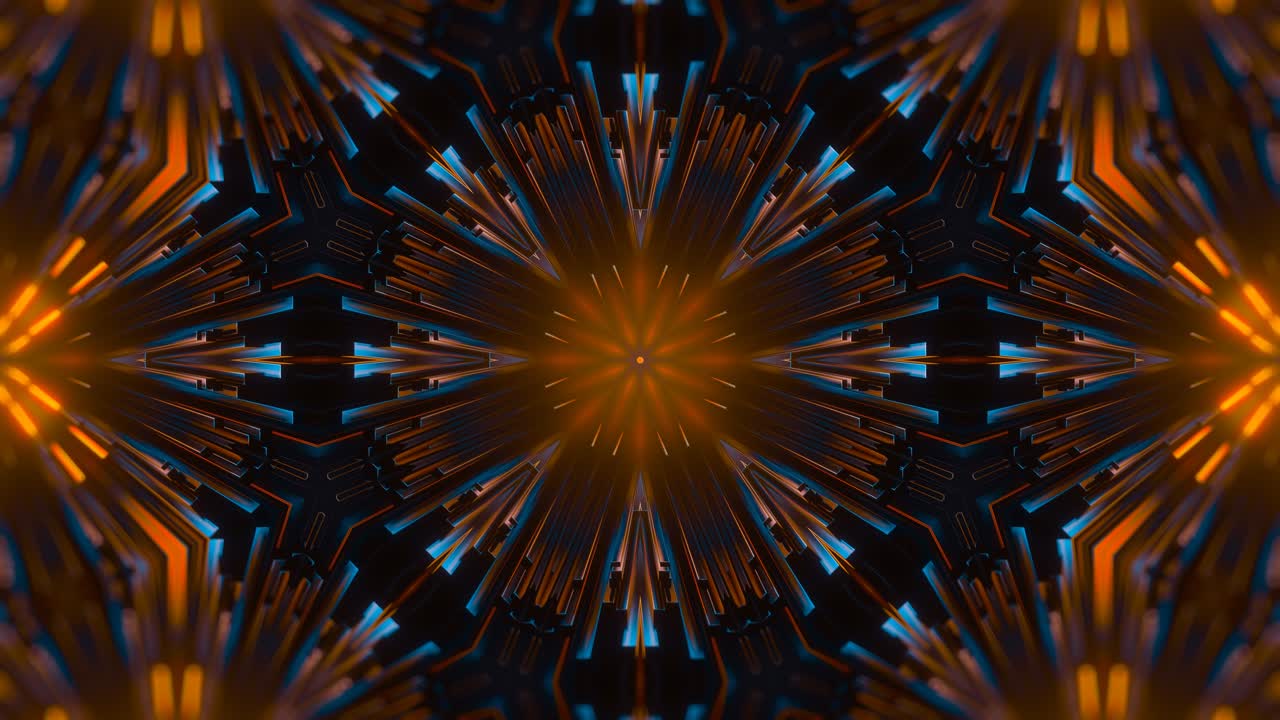 fondo de caleidoscopio creativo abstracto. rayos brillantes de neón luminosos en movimiento. diversidad de patrones, hermosos fuegos artificiales, explosión colorida, big bang. iluminación brillante moderna. bucle sin costuras