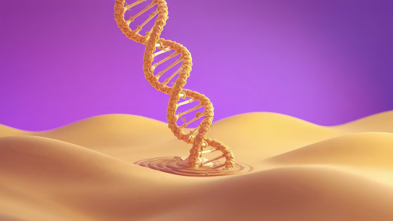 Emerging golden DNA helix descending over purple backdrop into dunes creating ripples and rotating